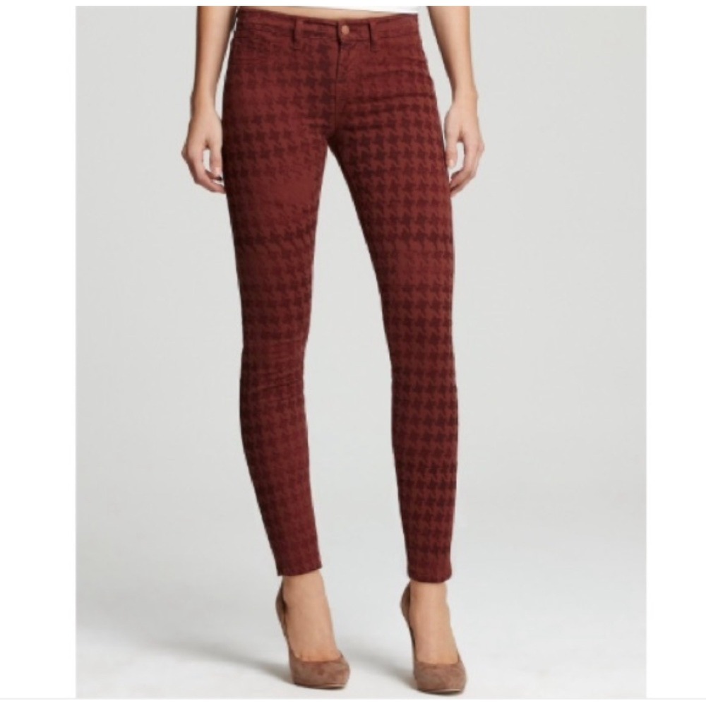 J Brand Jeans Capri Skinny 28 Burgundy Houndstooth Syrah Mid Rise Cropped Fall
